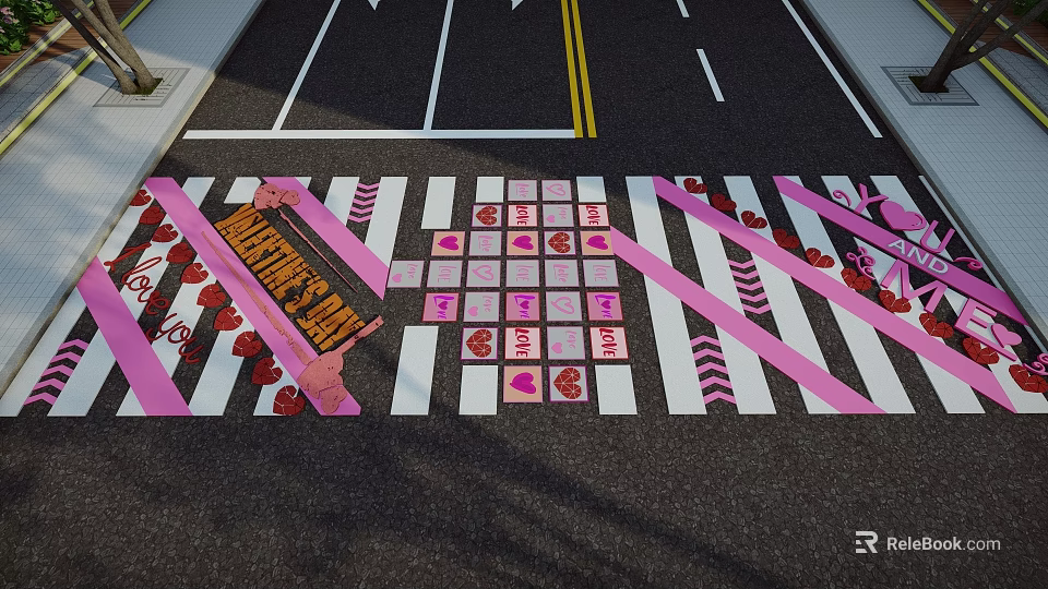 Decorative Valentine's Day Square Pavement With Heart Patterns LOVE Letters And Pink Ribbons 3d model 
