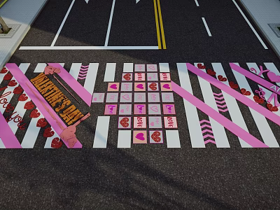 Decorative Valentine's Day Square Pavement With Heart Patterns LOVE Letters And Pink Ribbons 3d model