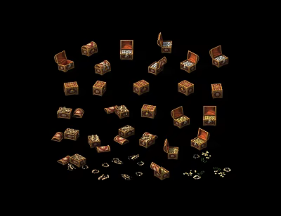 Wooden Boxes Open and Closed with Various Patterns and Scattered Small Items on Black Background 3d model