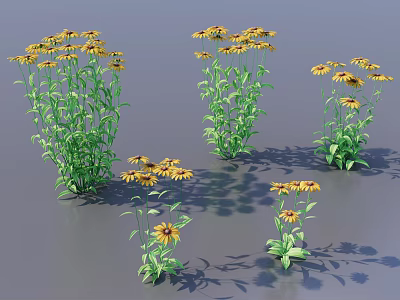3D Rendered Yellow Flowering Plants With Green Leaves Black Centers And Shadows 3d model