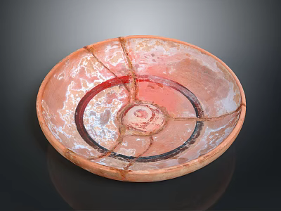 Handmade Ceramic Sculpture Circular Plate With Cracked Design And Orange Red Spiral Patterns 3d model
