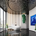 Modern Front Desk Reception Area With White Counter Green Plant Decor And World Map Mural Design