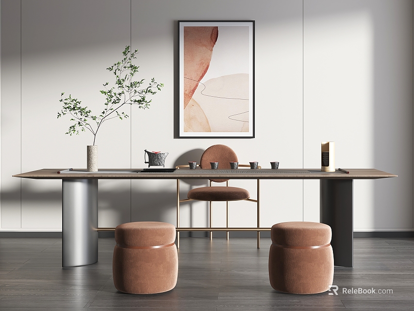 Modern Tea Table And Chairs With Brown Stools Wall Painting And Potted Plant 3d model 