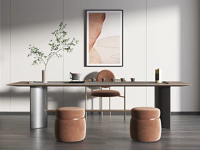 Modern Tea Table And Chairs With Brown Stools Wall Painting And Potted Plant 3d model