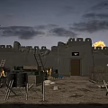 Ancient City Wall With Crenellations Ladders Crates Bonfires And Airplanes In Sky With Flames