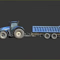 Blue Tractor With Attached Dump Trailer And Large Wheels On Reflective Surface 3d model