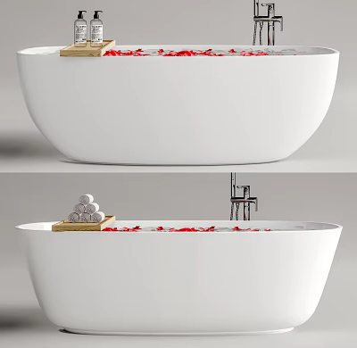 White Freestanding Bathtub with Red Rose Petals Wooden Tray and Stacked Towels 3d model