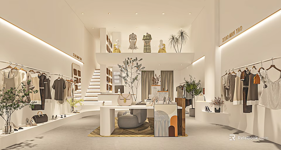 Bright Modern Clothing Store Interior With Upper Level Display Staircase And Green Plants 3d model