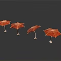 Four Red Umbrellas Displayed On White Background With Metal Stands