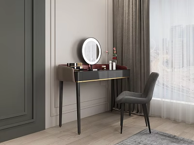 Elegant Black Dressing Table With Round Mirror Cosmetics Gray Chair And City View Window 3d model