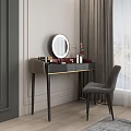 Elegant Black Dressing Table With Round Mirror Cosmetics Gray Chair And City View Window