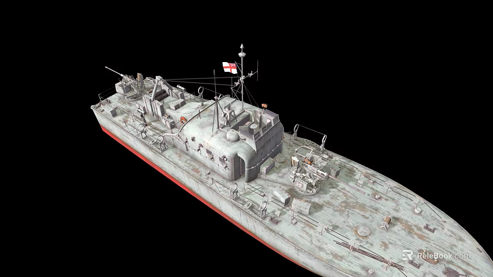 Gray Warship With Red Bottom Equipped With Weapons And Flag On Deck 3d model