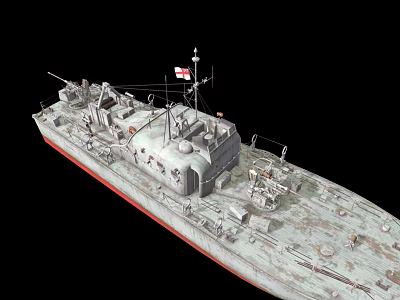 Gray Warship With Red Bottom Equipped With Weapons And Flag On Deck 3d model