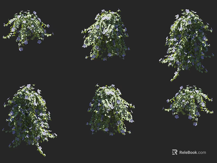 Hanging Vines With Green Leaves And Purple Flowers In Black Background 3d model 