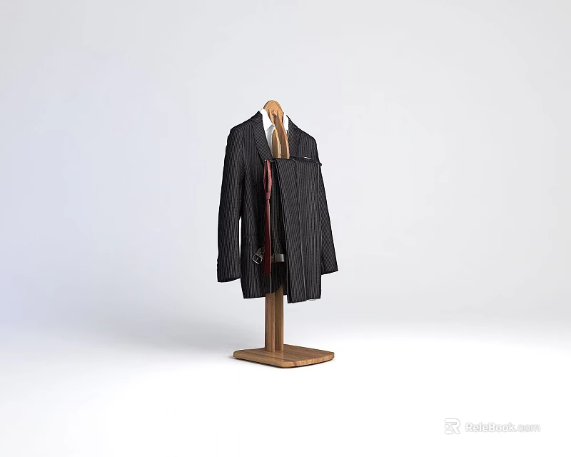 Elegant Black Striped Suit Jacket On Wooden Hanger With Shirt And Necktie 3d model 