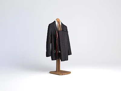 Elegant Black Striped Suit Jacket On Wooden Hanger With Shirt And Necktie 3d model