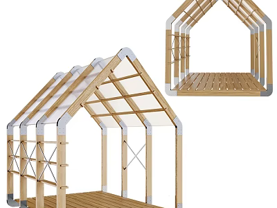 Modern Wooden Pergola with Transparent Roof Supporting Frames and Outdoor Wooden Platform 3d model