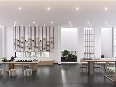 Modern Tea Room Interior With Hanging Shelves Tea Sets Green Plants Long Table and Windows 3d model
