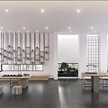 Modern Tea Room Interior With Hanging Shelves Tea Sets Green Plants Long Table and Windows