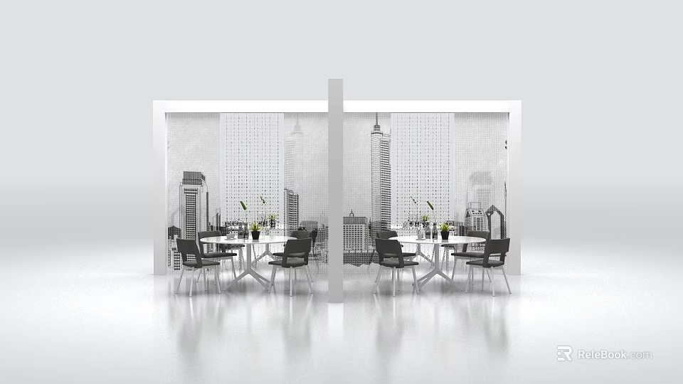 Modern Dining Table And Chairs Set With Cityscape Wall Background Design 3d model 