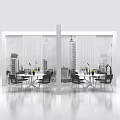 Modern Dining Table And Chairs Set With Cityscape Wall Background Design