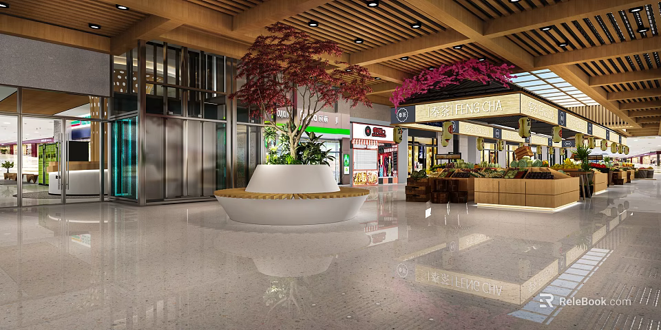 Modern Mall Restaurant Interior With Wooden Ceiling Red Maple Tree And Bench 3d model