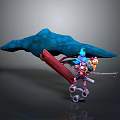 Game Movie Character Featuring Blue Hair Red Weapon Small Companion And Dynamic Pose