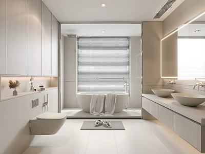 Elegant Modern Bathroom Interior With White Tiles Freestanding Tub Double Sinks And Large Mirror 3d model