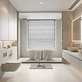 Elegant Modern Bathroom Interior With White Tiles Freestanding Tub Double Sinks And Large Mirror