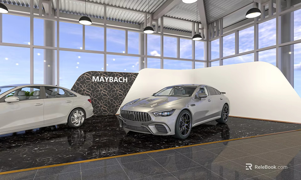 Maybach Showroom Interior With Two Luxury Cars And Modern Design Elements 3d model 