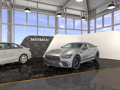 Maybach Showroom Interior With Two Luxury Cars And Modern Design Elements 3d model