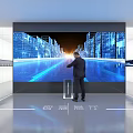 Person Interacting With Large Digital City Screen Display In Modern Space
