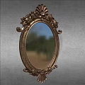 Ornate Oval Decorative Mirror With Carved Metal Frame And Grey Wall Background