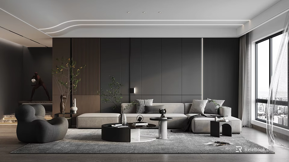 Modern Living Room With Dark Gray Walls L-shaped Sofa Round Coffee Table And Area Rug 3d model 