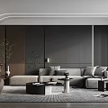 Modern Living Room With Dark Gray Walls L-shaped Sofa Round Coffee Table And Area Rug