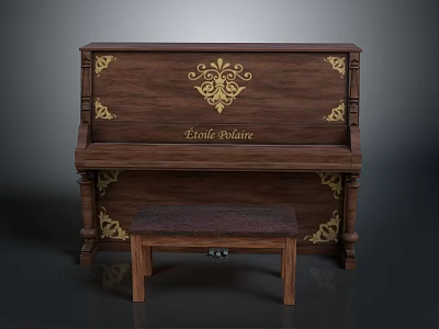 Eddie Reaire Wooden Piano With Golden Decor And Matching Stool 3d model