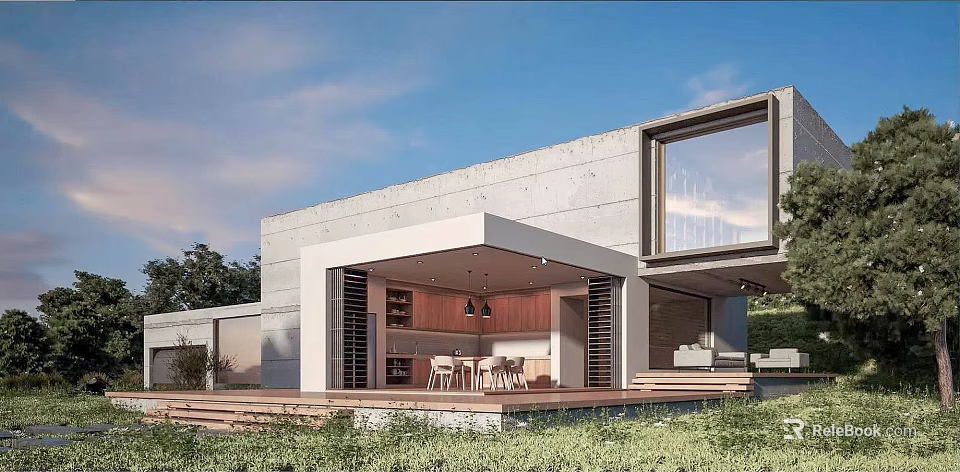 Modern Concrete Detached House With Large Windows Wooden Deck And Outdoor Seating 3d model 