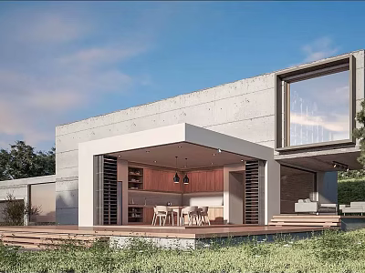 Modern Concrete Detached House With Large Windows Wooden Deck And Outdoor Seating 3d model