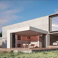 Modern Concrete Detached House With Large Windows Wooden Deck And Outdoor Seating
