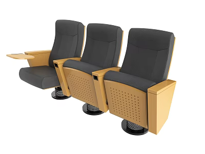 Gray Public Chairs With Wooden Armrests Small Tables And Perforated Backrests 3d model