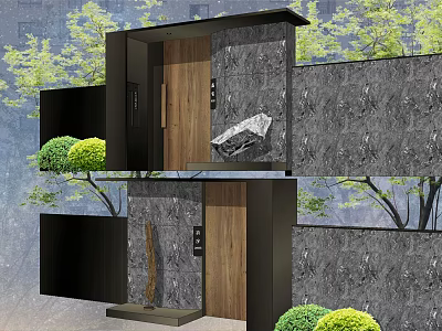 Modern Building Exterior Wall With Stone Wood Elements Layered Structure And Green Plants 3d model
