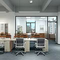 Modern Public Office Space with Large Windows Office Desks Computers Green Plants and Ergonomic Chairs