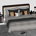 Double Bed Featuring Brown Headboard Multiple Gray Beige Pillows Bedside Tables Lamp Vase and Rug 3d model