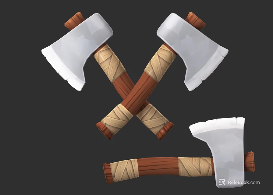 Three Crossed And Single Axes Weapon With White Heads Brown Wooden Handles Beige Wrapped Bands 3d model 