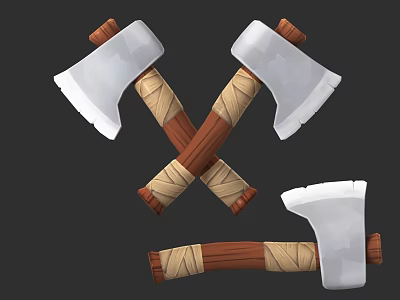 Three Crossed And Single Axes Weapon With White Heads Brown Wooden Handles Beige Wrapped Bands 3d model