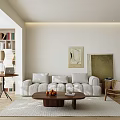 Modern Living Dining Area Interior With Wooden Table Sofa Coffee Table Hanging Lamp And Plants