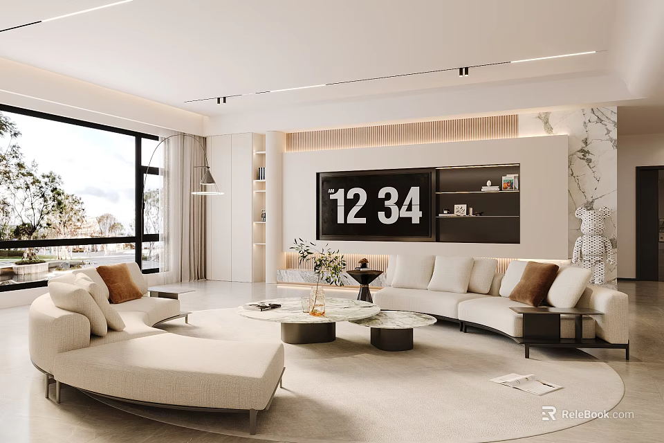 Modern Living Room Interior Design With Beige Sofa Round Coffee Tables And Large Window 3d model 