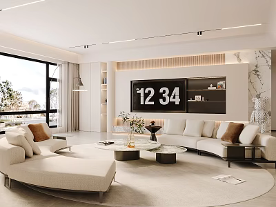 Modern Living Room Interior Design With Beige Sofa Round Coffee Tables And Large Window 3d model