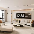 Modern Living Room Interior Design With Beige Sofa Round Coffee Tables And Large Window