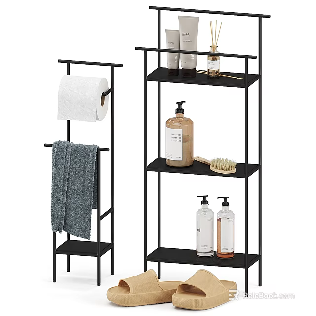 Black Multi Tier Storage Shelf for Bathroom with Towel Toiletries Bottles and Brush 3d model 